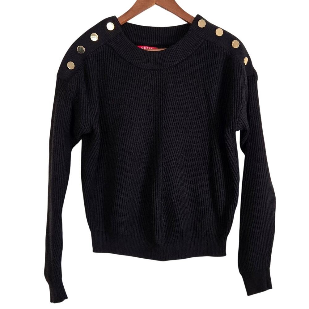 Office Siren Chic Minimalist Preppy Black Ripped Sweater Gold Shoulder Button S